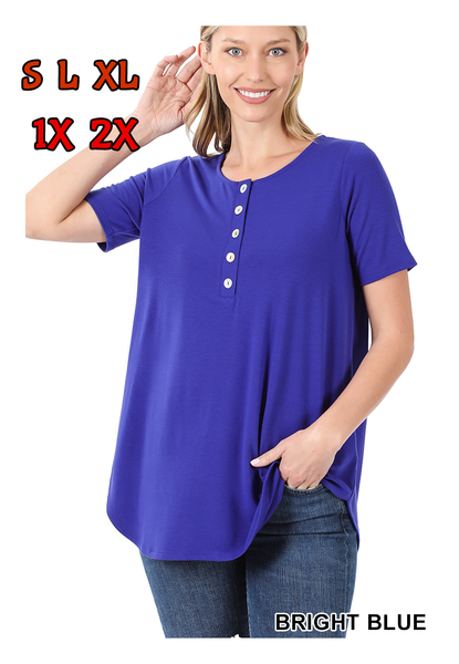 4442 1/4S Henley Shell Button TOP in BRIGHT BLUE