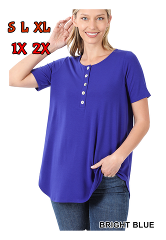 4442 1/4S Henley Shell Button TOP in BRIGHT BLUE
