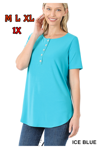4445 1/4S Henley Shell Button TOP in ICE BLUE