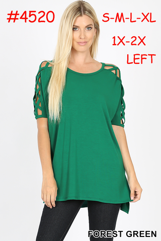 4520 1/4S Criss Cross Shoulder HiLo Hem TOP in FOREST GREEN
