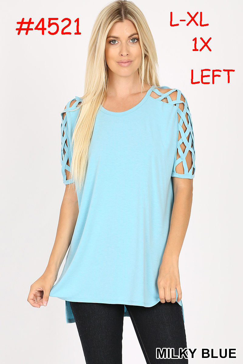 4521 1/4S Criss Cross Shoulder HiLo Hem TOP in MILKY BLUE