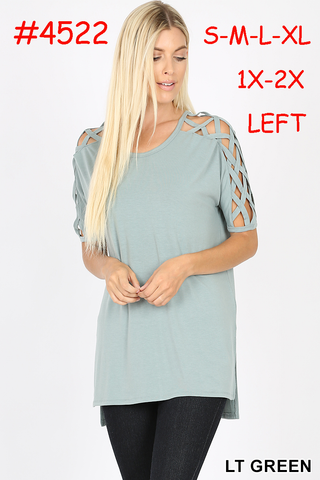 4522 1/4S Criss Cross Shoulder HiLo Hem TOP in LT GREEN