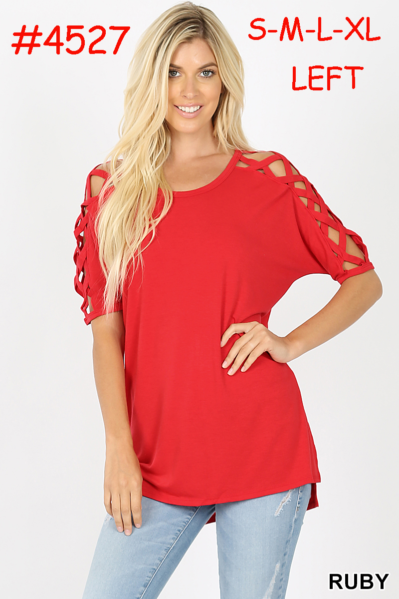 4527 1/4S Criss Cross Shoulder HiLo Hem TOP in RUBY