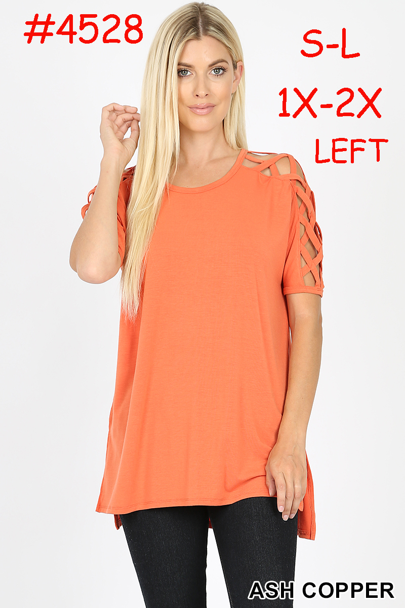 4528 1/4S Criss Cross Shoulder HiLo Hem TOP in ASH COPPER