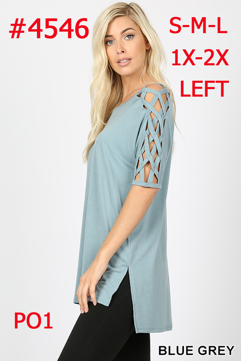 4546 1/4S Criss Cross Shoulder HiLo Hem TOP in BLUE GREY