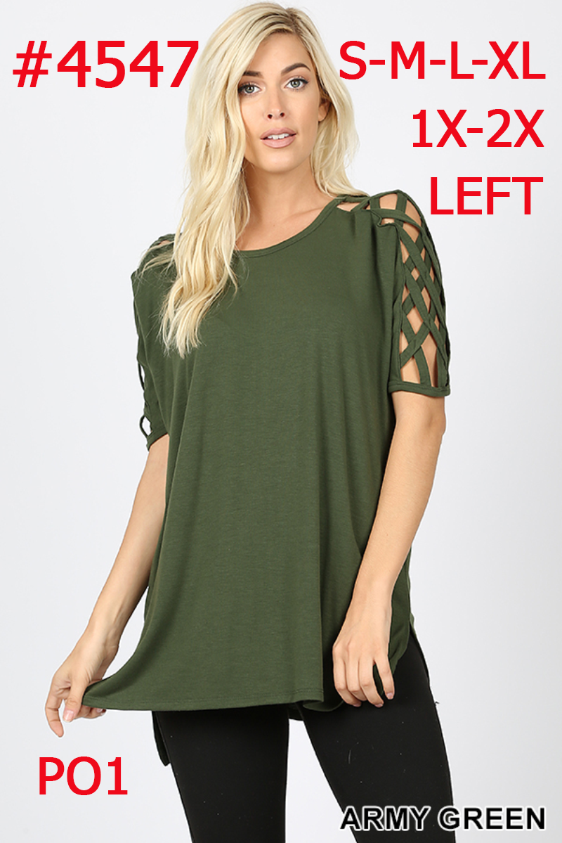 4547 1/4S Criss Cross Shoulder HiLo Hem TOP in ARMY GREEN