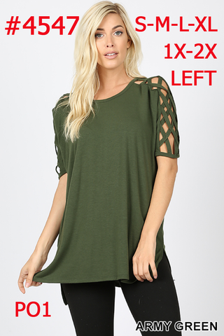 4547 1/4S Criss Cross Shoulder HiLo Hem TOP in ARMY GREEN