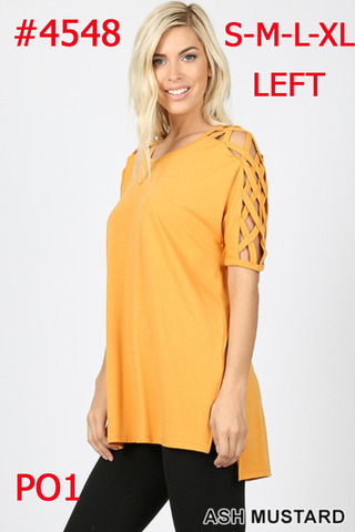 4548 1/4S Criss Cross Shoulder HiLo Hem TOP in ASH MUSTARD