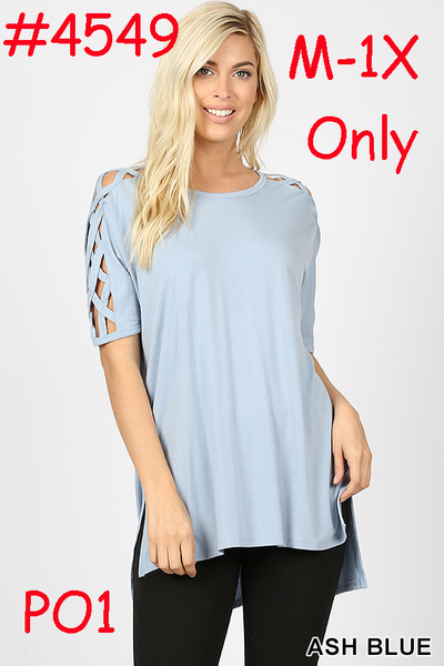4549 1/4S Criss Cross Shoulder HiLo Hem TOP in ASH BLUE