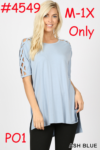 4549 1/4S Criss Cross Shoulder HiLo Hem TOP in ASH BLUE