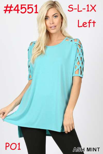 4551 1/4S Criss Cross Shoulder HiLo Hem TOP in ASH MINT