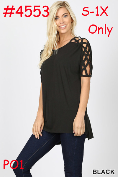4553 1/4S Criss Cross Shoulder HiLo Hem TOP in BLACK