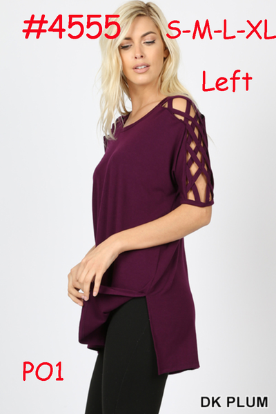 4555 1/4S Criss Cross Shoulder HiLo Hem TOP in DK PLUM