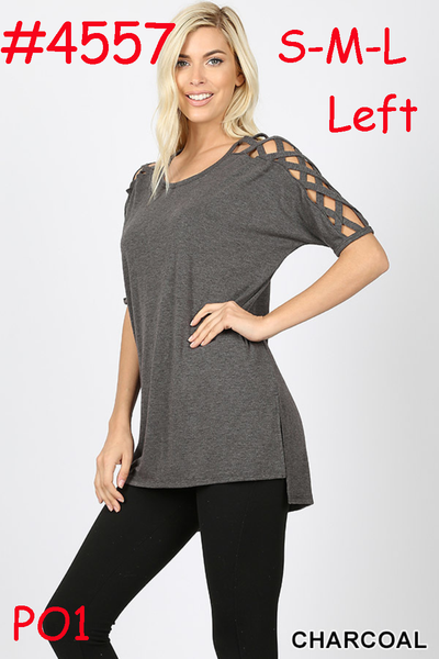 4557 1/4S Criss Cross Shoulder HiLo Hem TOP in CHARCOAL