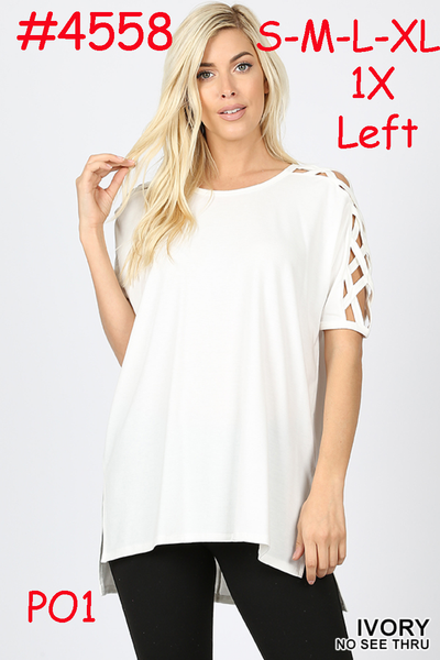 4558 1/4S Criss Cross Shoulder HiLo Hem TOP in IVORY