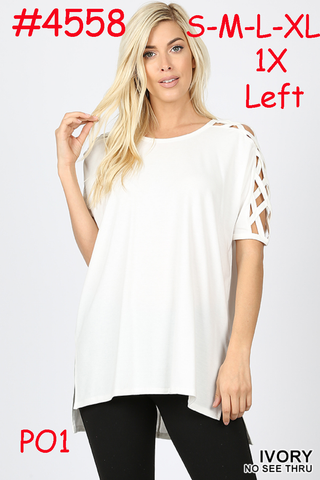 4558 1/4S Criss Cross Shoulder HiLo Hem TOP in IVORY