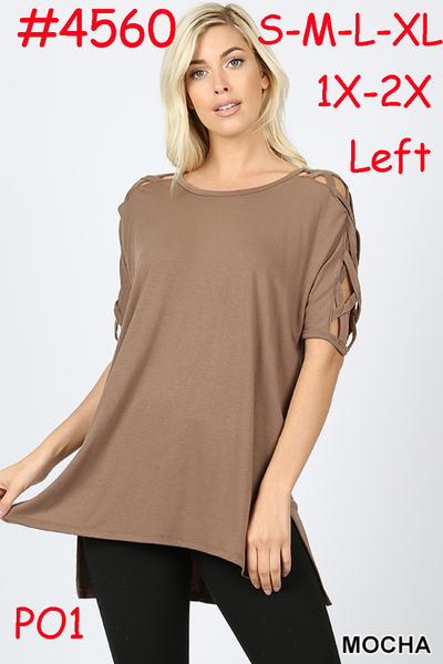 4560 1/4S Criss Cross Shoulder HiLo Hem TOP in MOCHA
