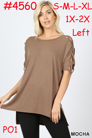 4560 1/4S Criss Cross Shoulder HiLo Hem TOP in MOCHA