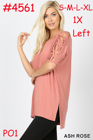 4561 1/4S Criss Cross Shoulder HiLo Hem TOP in ASH ROSE