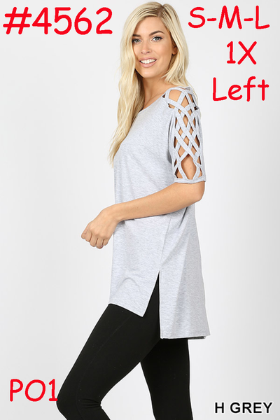4562 1/4S Criss Cross Shoulder HiLo Hem TOP in H GREY