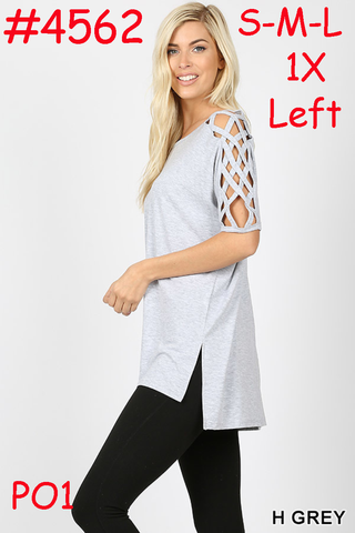 4562 1/4S Criss Cross Shoulder HiLo Hem TOP in H GREY