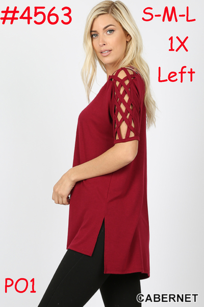 4563 1/4S Criss Cross Shoulder HiLo Hem TOP in CABERNET