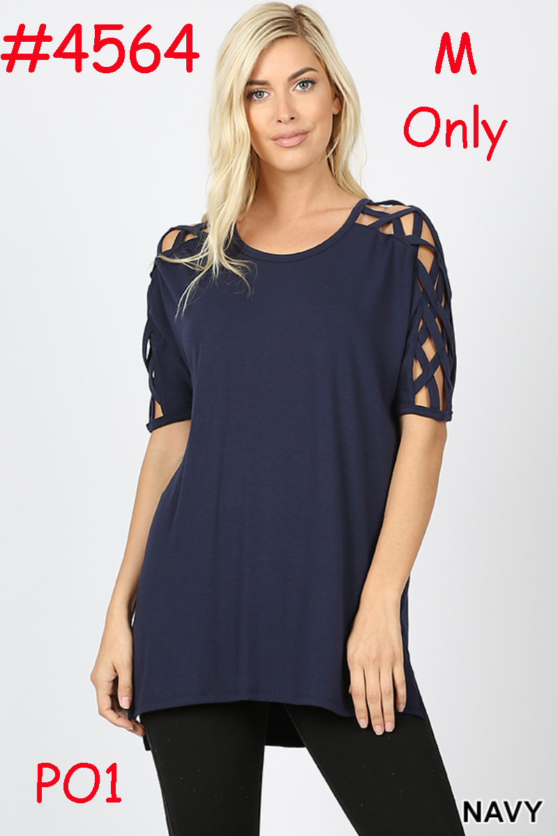 4564 1/4S Criss Cross Shoulder HiLo Hem TOP in NAVY