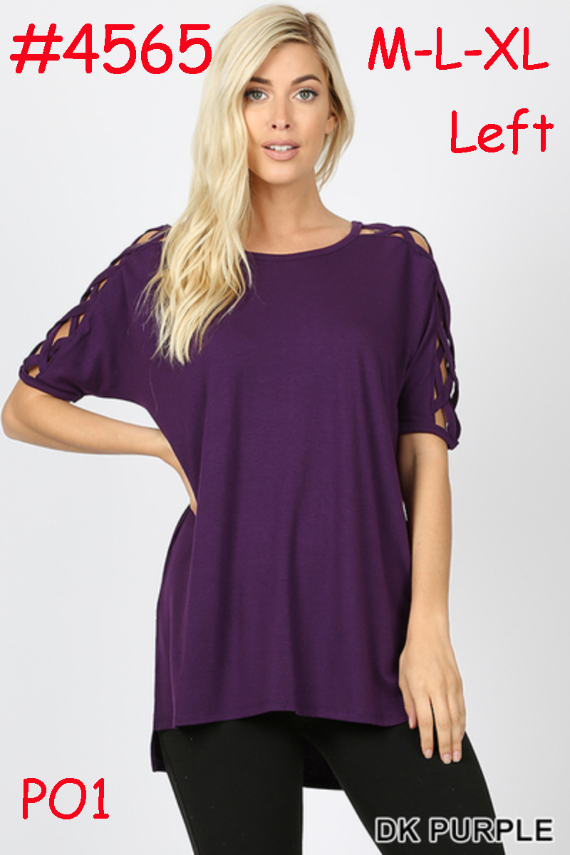 4565 1/4S Criss Cross Shoulder HiLo Hem TOP in DK PURPLE
