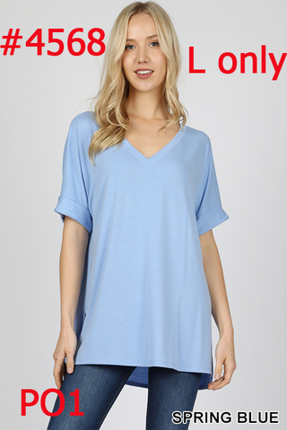 4568 1/4S Rolled V Neck HiLo Side Slit TOP in SPRING BLUE