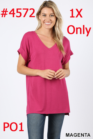 4572 1/4S Rolled V Neck HiLo Side Slit TOP in MAGENTA