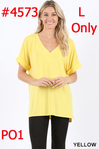 4573 1/4S Rolled V Neck HiLo Side Slit TOP in YELLOW