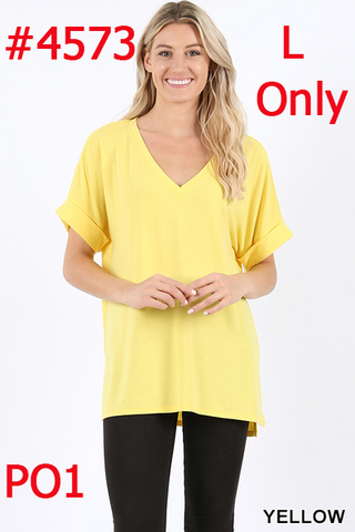 4573 1/4S Rolled V Neck HiLo Side Slit TOP in YELLOW