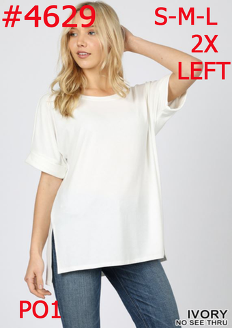 4629 1/4S Rolled R Neck HiLo Side Slit TOP in IVORY