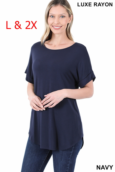 4632 1/4S Cuffed B Neck Round Hem TOP in NAVY