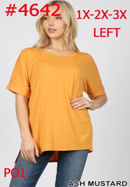 4642 1/4S Rolled R Neck HiLo Side Slit TOP in ASH MUSTARD