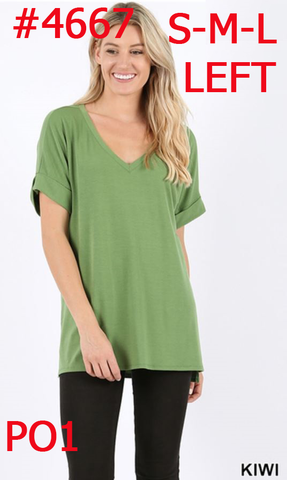 4667 1/4S Rolled V Neck HiLo Side Slit TOP in KIWI