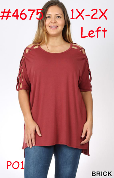 4675 1/4S Criss Cross Shoulder HiLo Hem TOP in BRICK