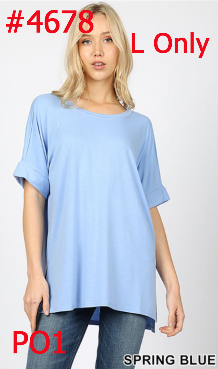 4678 1/4S Rolled R Neck HiLo Side Slit TOP in SPRING BLUE