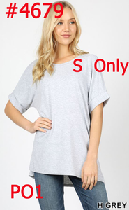 4679 1/4S Rolled R Neck HiLo Side Slit TOP in HEATHER GREY