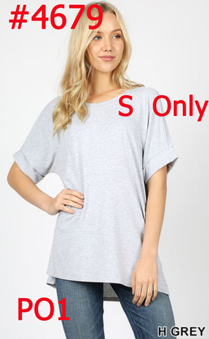 4679 1/4S Rolled R Neck HiLo Side Slit TOP in HEATHER GREY