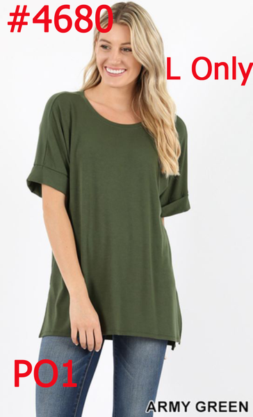 4680 1/4S Rolled R Neck HiLo Side Slit TOP in ARMY GREEN