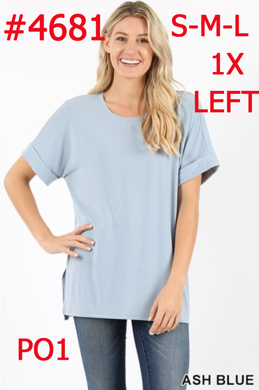 4681 1/4S Rolled R Neck HiLo Side Slit TOP in ASH BLUE