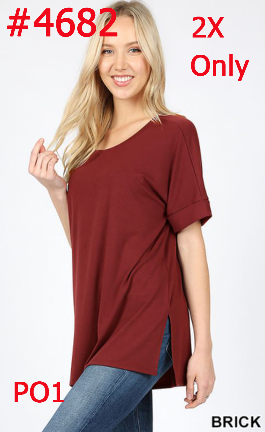 4682 1/4S Rolled R Neck HiLo Side Slit TOP in BRICK