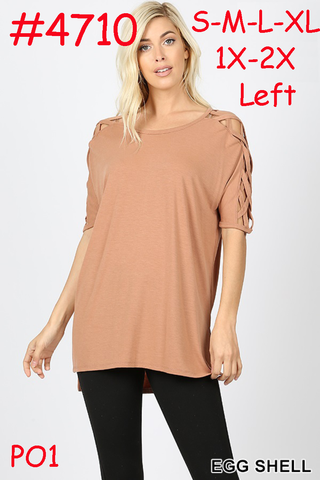 4710 1/4S Criss Cross Shoulder HiLo Hem TOP in EGG SHELL