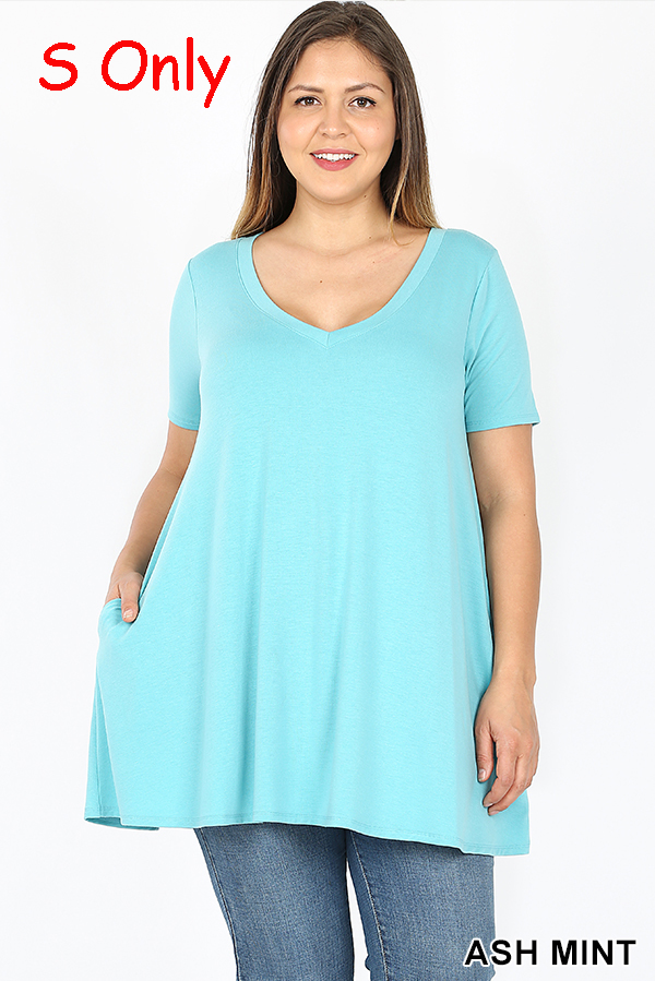 4729 1/4S V Neck Flared TOP w/ Pockets in ASH MINT