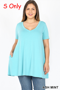 4729 1/4S V Neck Flared TOP w/ Pockets in ASH MINT