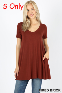 4733 1/4S V Neck Flared TOP w/ Pockets in FIRED BRICK