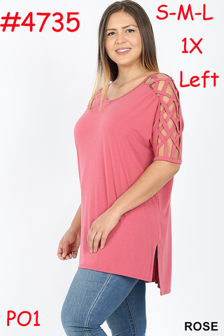 4735 1/4S Criss Cross Shoulder HiLo Hem TOP in ROSE