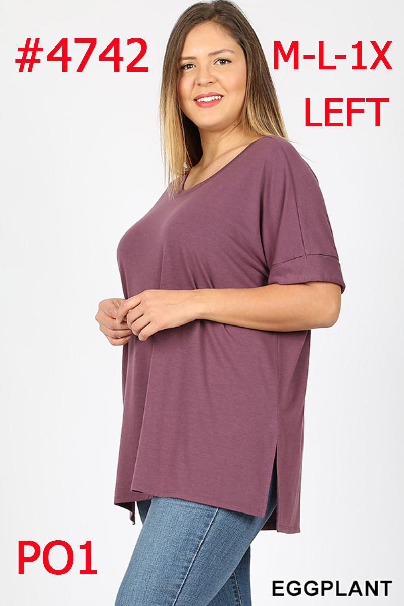 4742 1/4S Rolled R Neck HiLo Side Slit TOP in EGGPLANT