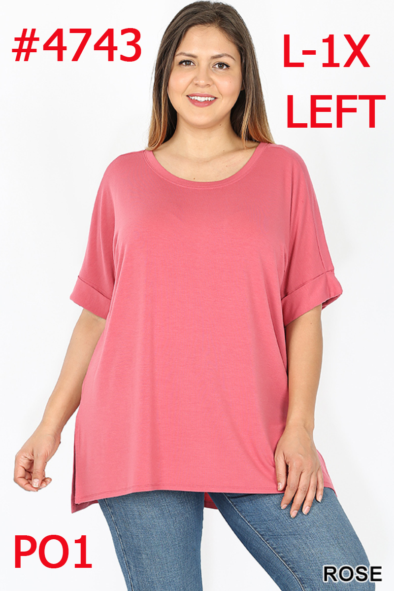 4743 1/4S Rolled R Neck HiLo Side Slit TOP in ROSE